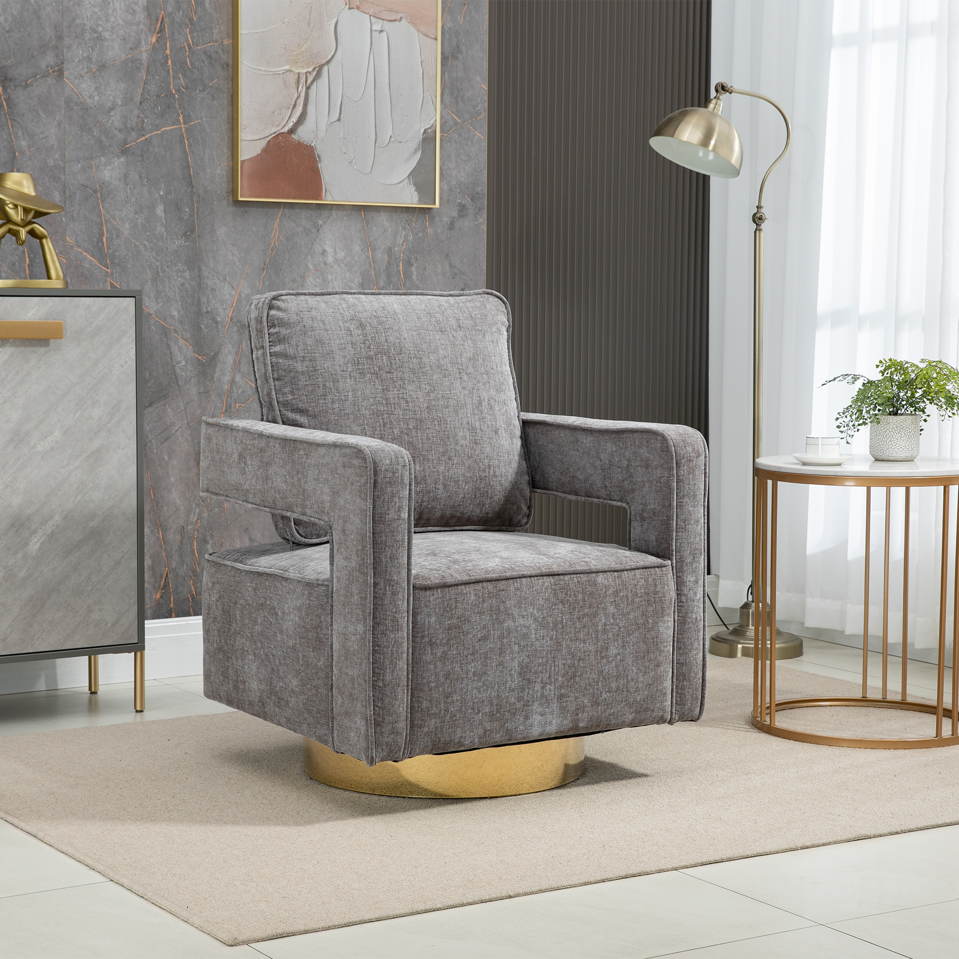 30.7"W Swivel Accent Open Back Chair Modern Comfy Sofa Chair With Gold Stainless Steel Base For Nursery Bedroom Living Room Hotel Office, Club Chair Leisure Arm Chair For Lounge Gray Chenille Gray