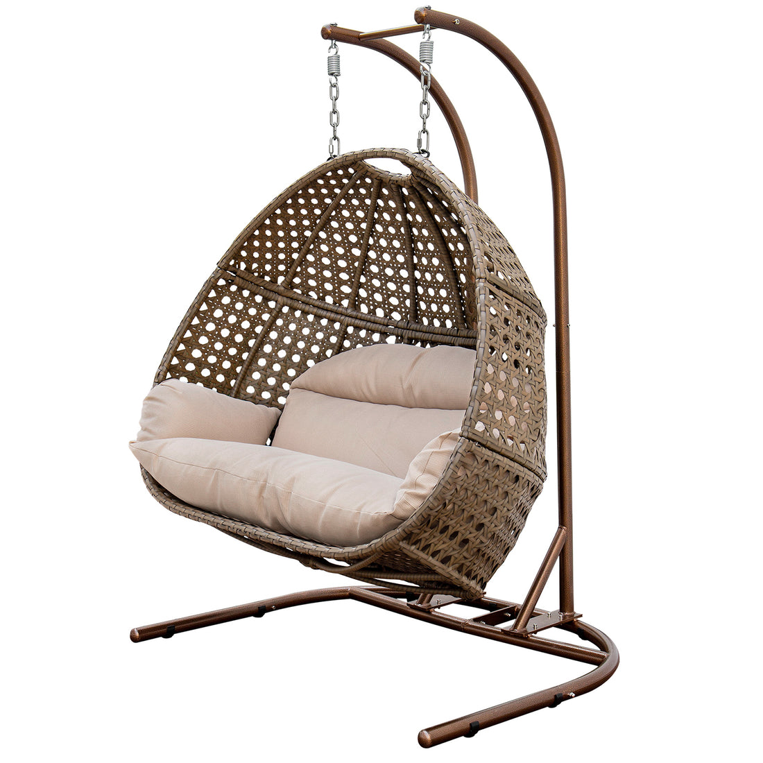 Double Seat Swing Chair With Stand And Cushion Brown Beige Cotton Rattan