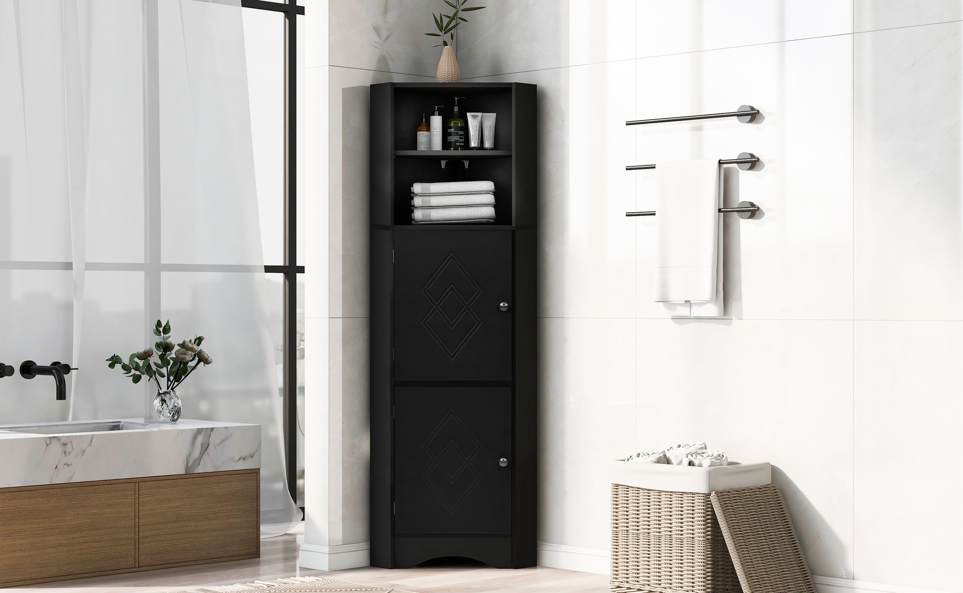 Tall Bathroom Corner Cabinet, Freestanding Storage Cabinet With Doors And Adjustable Shelves, Mdf Board, Black Black Mdf