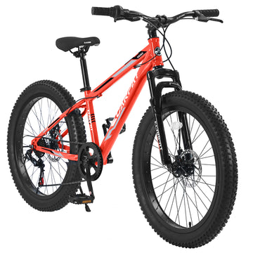 S24109 24 Inch Fat Tire Bike Adult Youth Full Shimano 7 Speeds Mountain Bike, Dual Disc Brake, High Carbon Steel Frame, Front Suspension, Mountain Trail Bike, Urban Commuter City Bicycle Cycling Orange Without Anti Slip Garden & Outdoor American Design