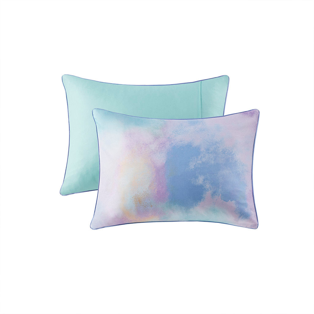Watercolor Tie Dye Printed Comforter Set With Throw Pillow Twin Aqua Polyester
