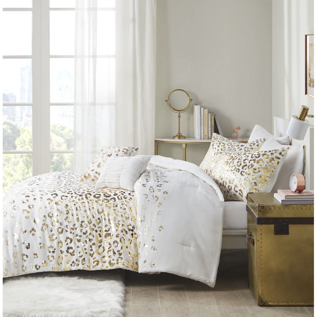 Metallic Animal Printed Comforter Set Twin Xl Ivory Gold Microfiber