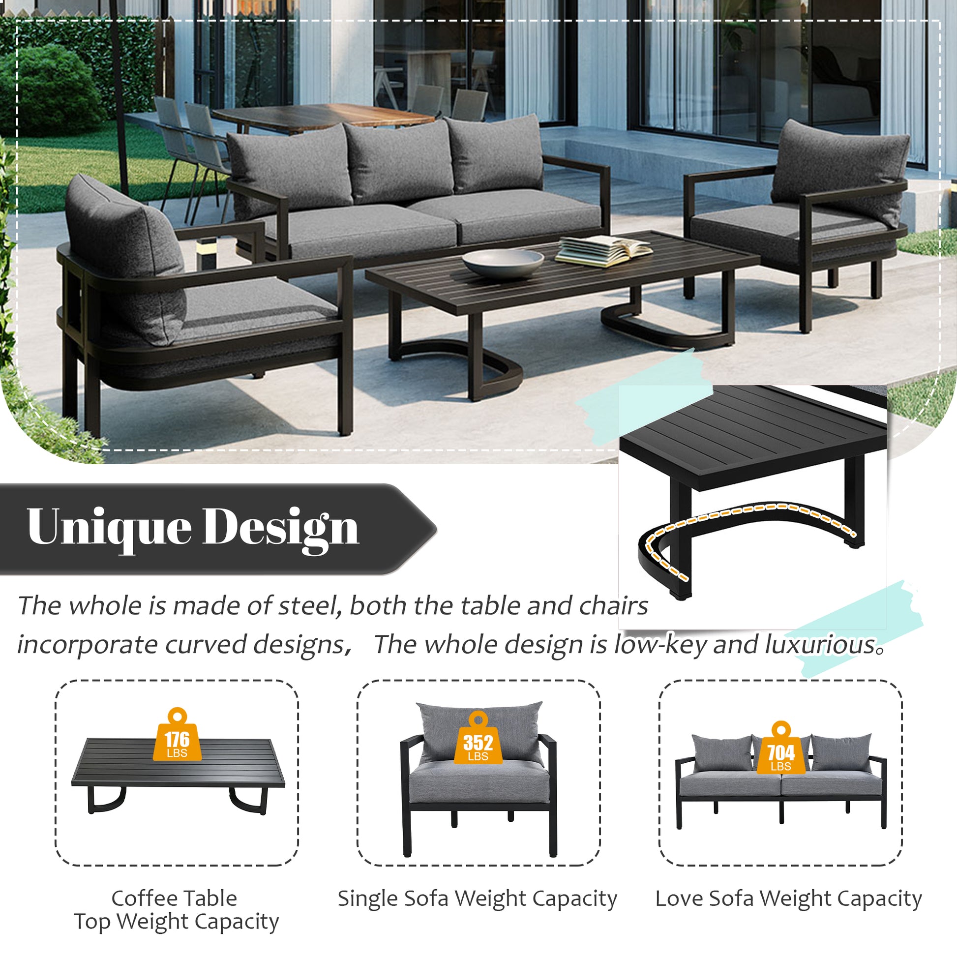 Multi Person Outdoor Steel Sofa Set, Waterproof, Anti Rust And Anti Uv, Suitable For Gardens And Lawns Light Gray Steel