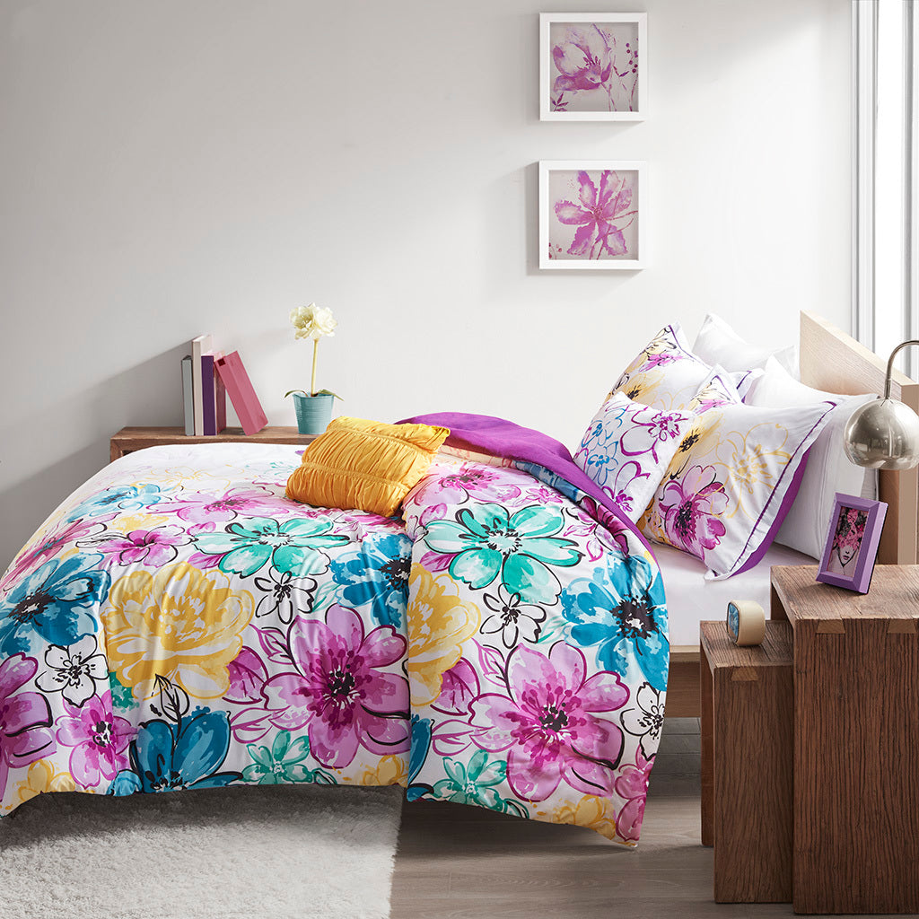 Floral Comforter Set Twin Blue Polyester