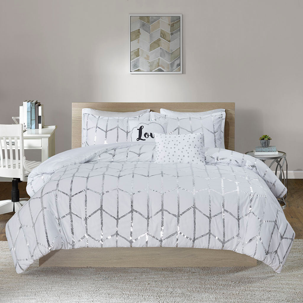 Metallic Printed Comforter Set Twin Xl White Silver Polyester