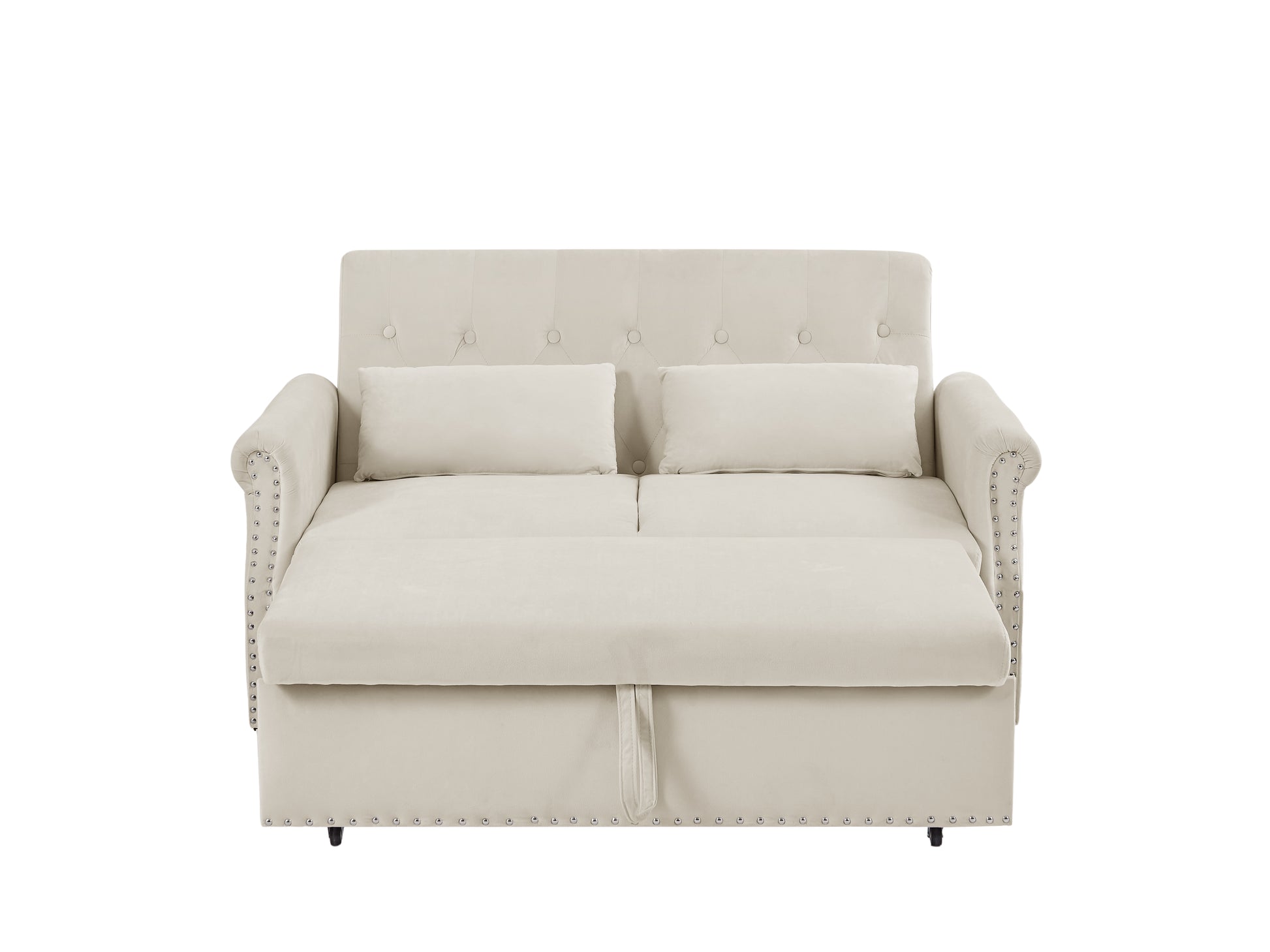 Artemax 55'' Modern Shiny Velvet Convertible Loveseat Sleeper Sofa Couch W 2 Lumbar Pillows, Adjustable Pull Out Bed And Removable Armrest For Nursery, Living Room, Apartment, Home Office Beige Foam Velvet
