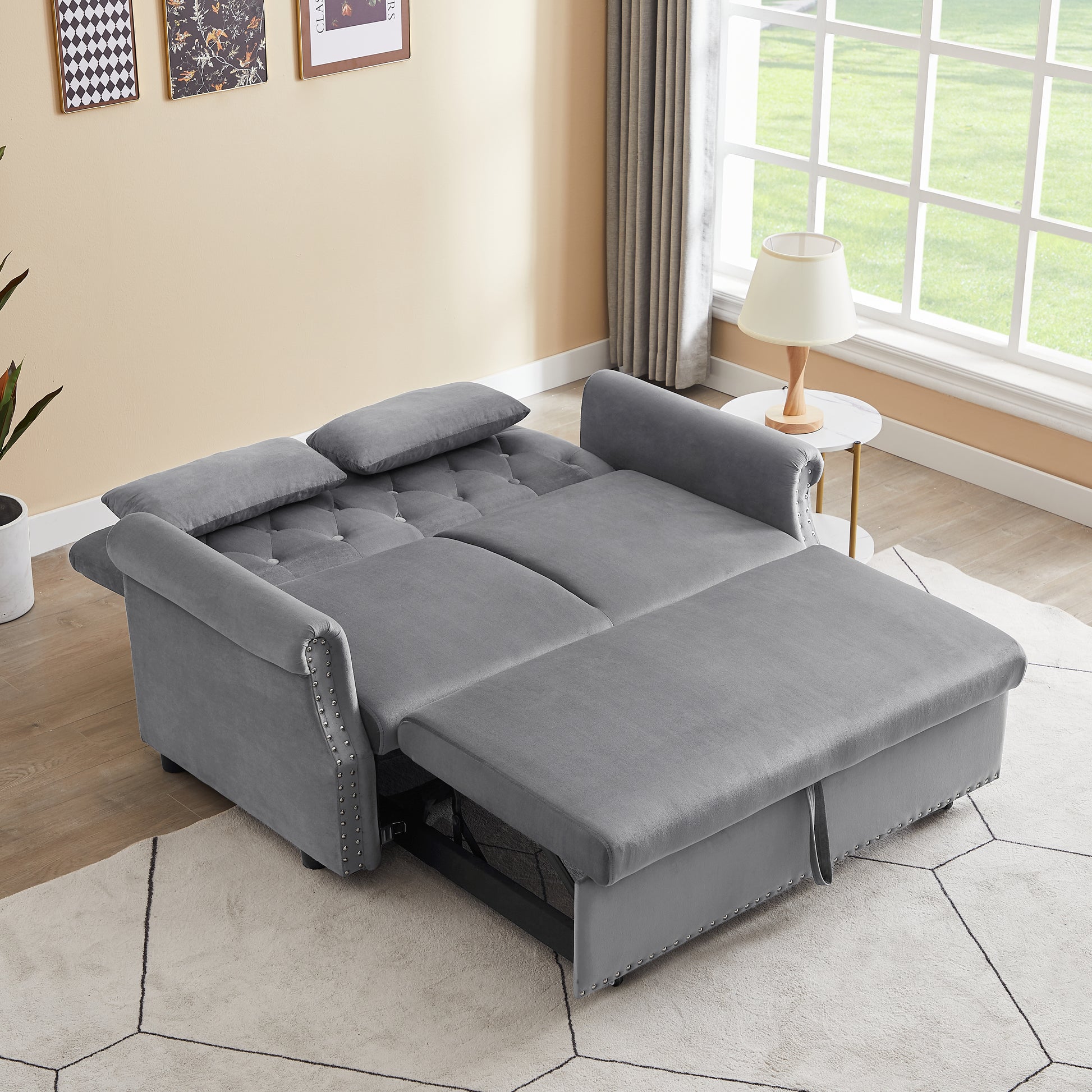 Artemax 55'' Modern Shiny Velvet Convertible Loveseat Sleeper Sofa Couch W 2 Lumbar Pillows, Adjustable Pull Out Bed And Removable Armrest For Nursery, Living Room, Apartment, Home Office Gray Foam Velvet