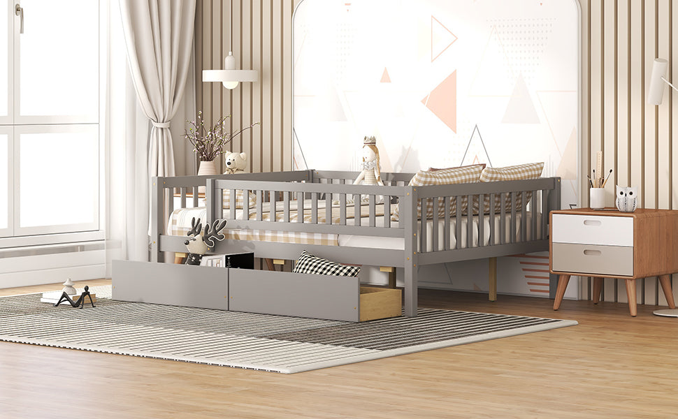 Full Size Daybed Wood Bed With Two Drawers, Gray Full Gray Solid Wood