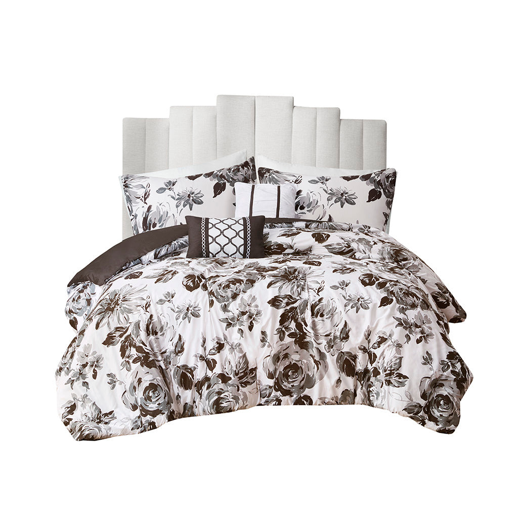 Floral Print Comforter Set King White Black Polyester