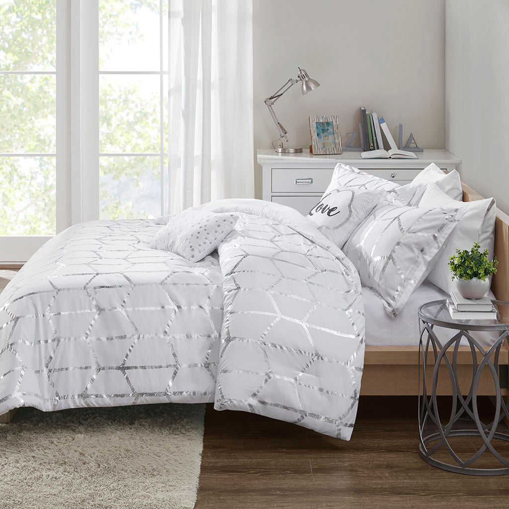 Metallic Printed Comforter Set Twin Xl White Silver Polyester