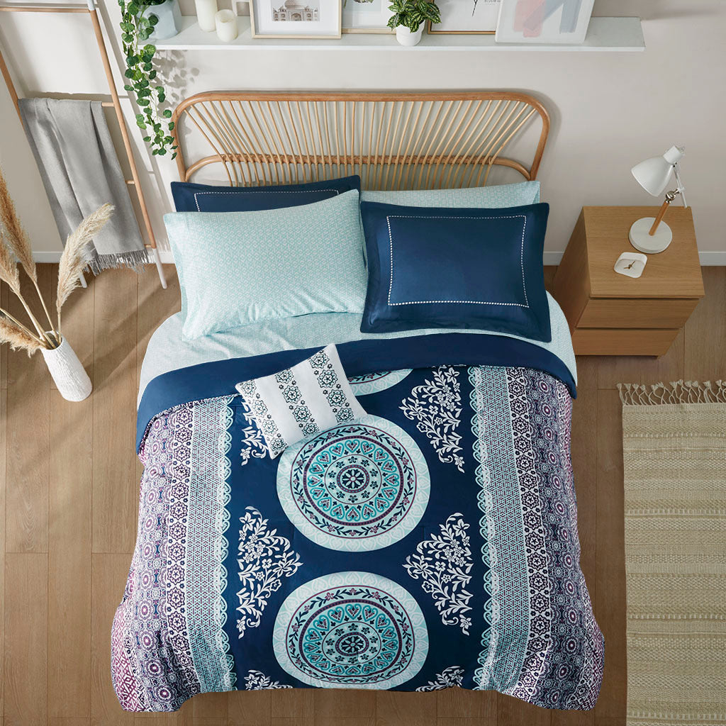 Boho Comforter Set With Bed Sheets Full Navy Polyester