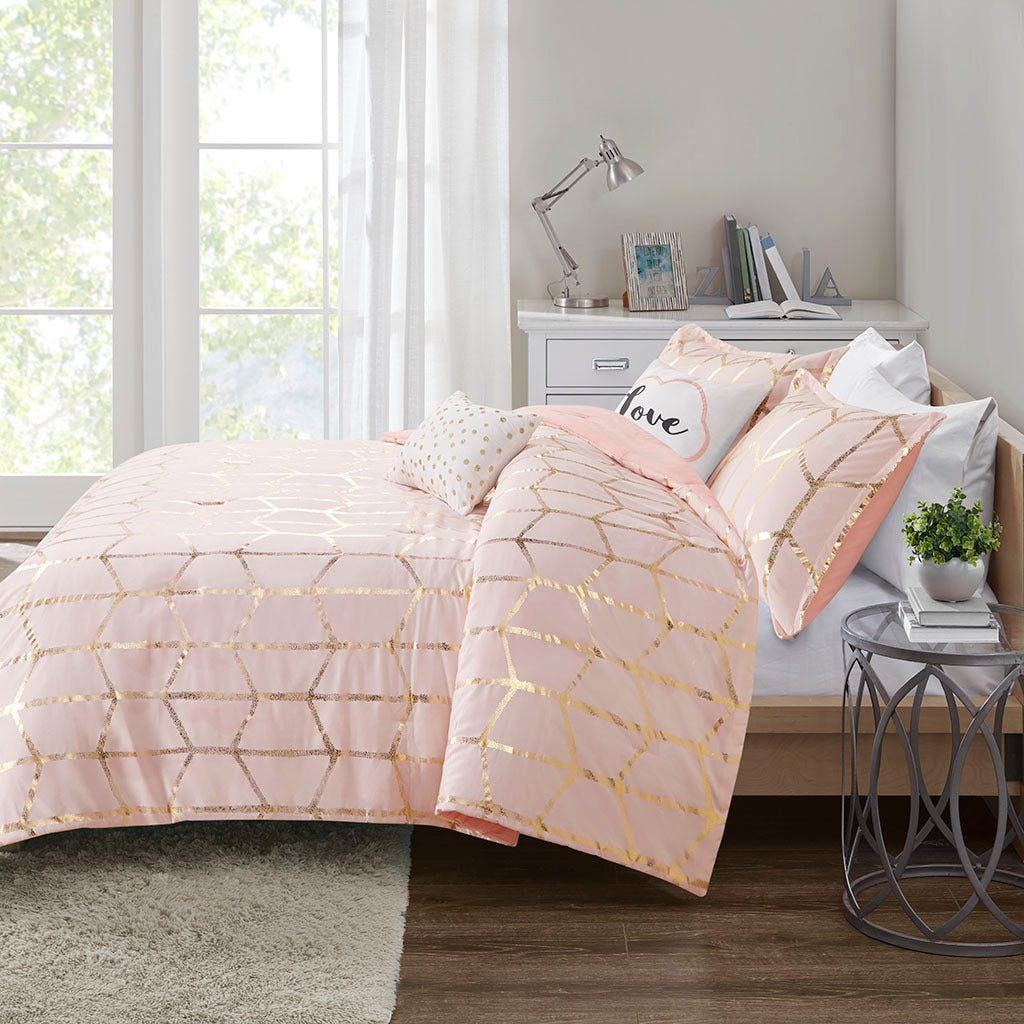 Metallic Printed Comforter Set Twin Blush Gold Polyester