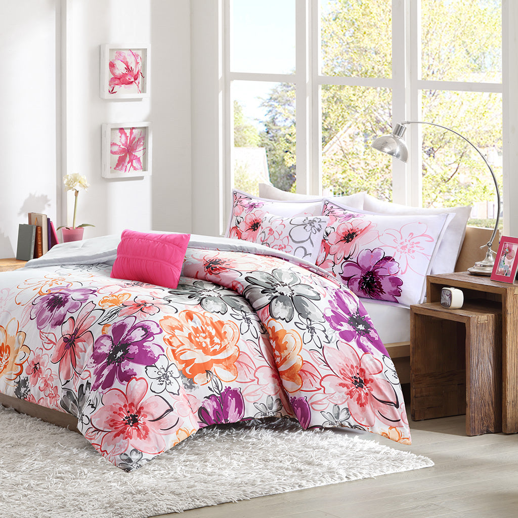 Floral Comforter Set King Pink Polyester