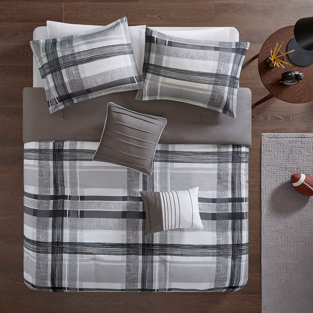 Plaid Comforter Set Full Black Polyester