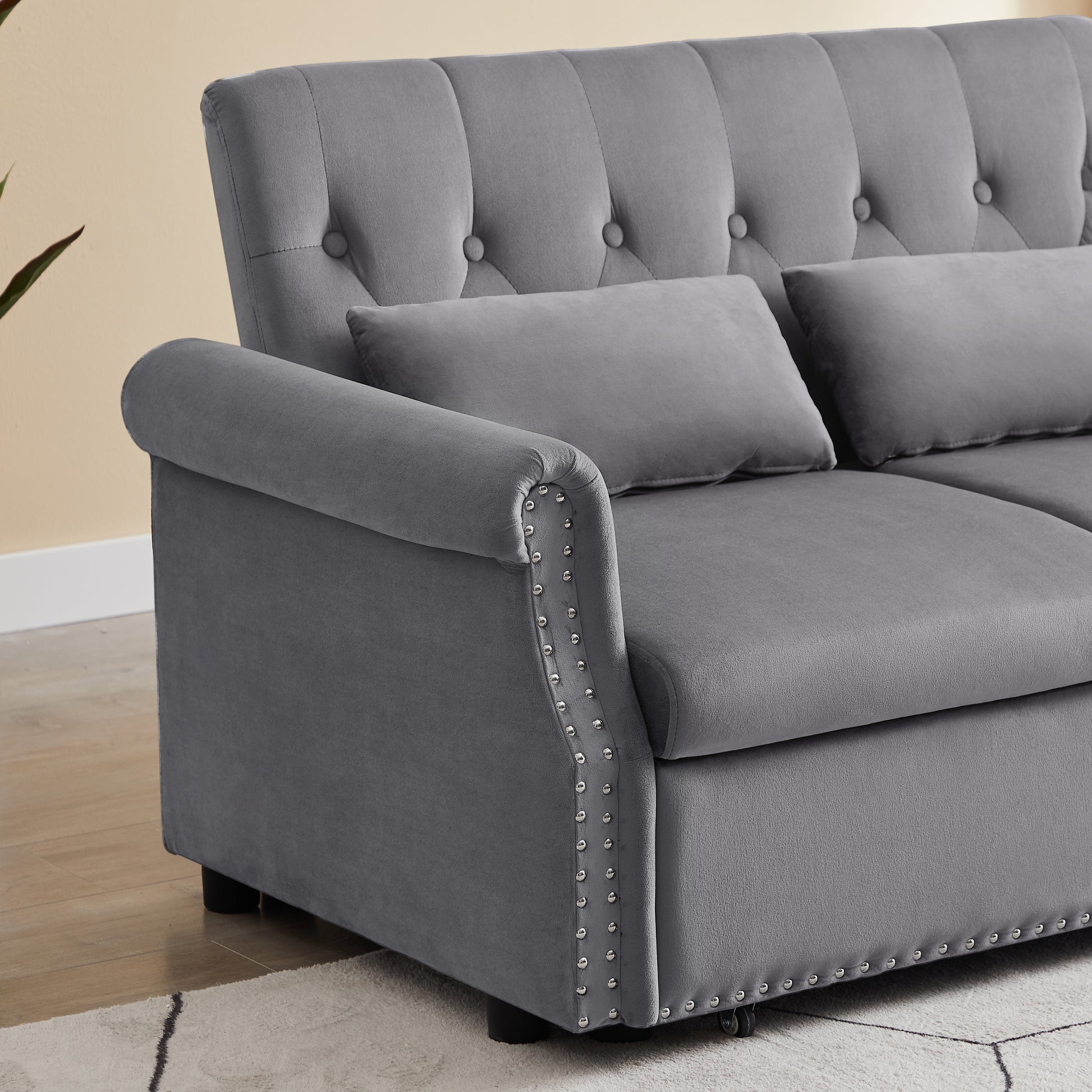 Artemax 55'' Modern Shiny Velvet Convertible Loveseat Sleeper Sofa Couch W 2 Lumbar Pillows, Adjustable Pull Out Bed And Removable Armrest For Nursery, Living Room, Apartment, Home Office Gray Foam Velvet