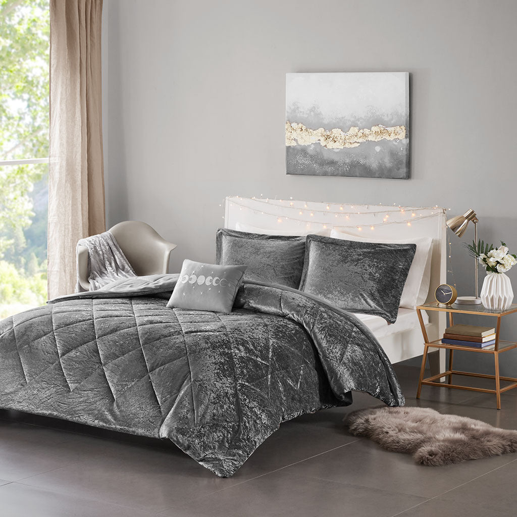 Velvet Comforter Set Full Grey Polyester