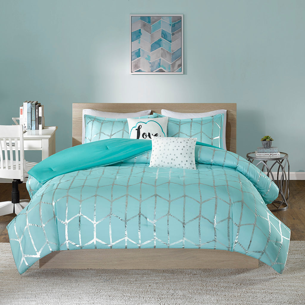 Metallic Printed Comforter Set Twin Aqua Silver Polyester