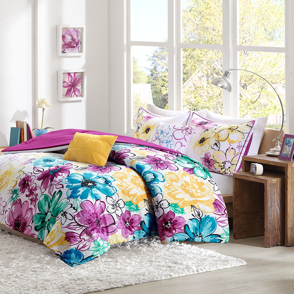 Floral Comforter Set Full Blue Polyester