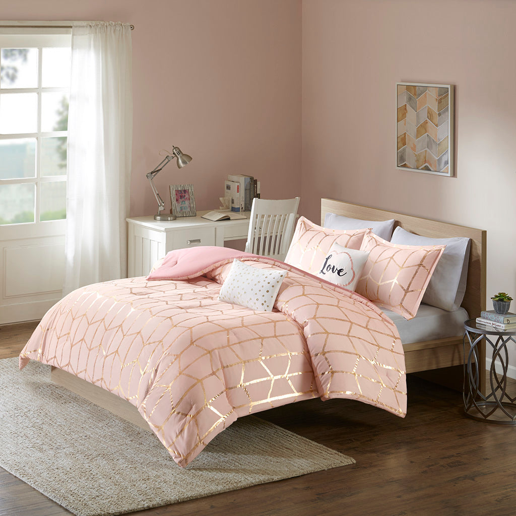 Metallic Printed Comforter Set Twin Blush Gold Polyester