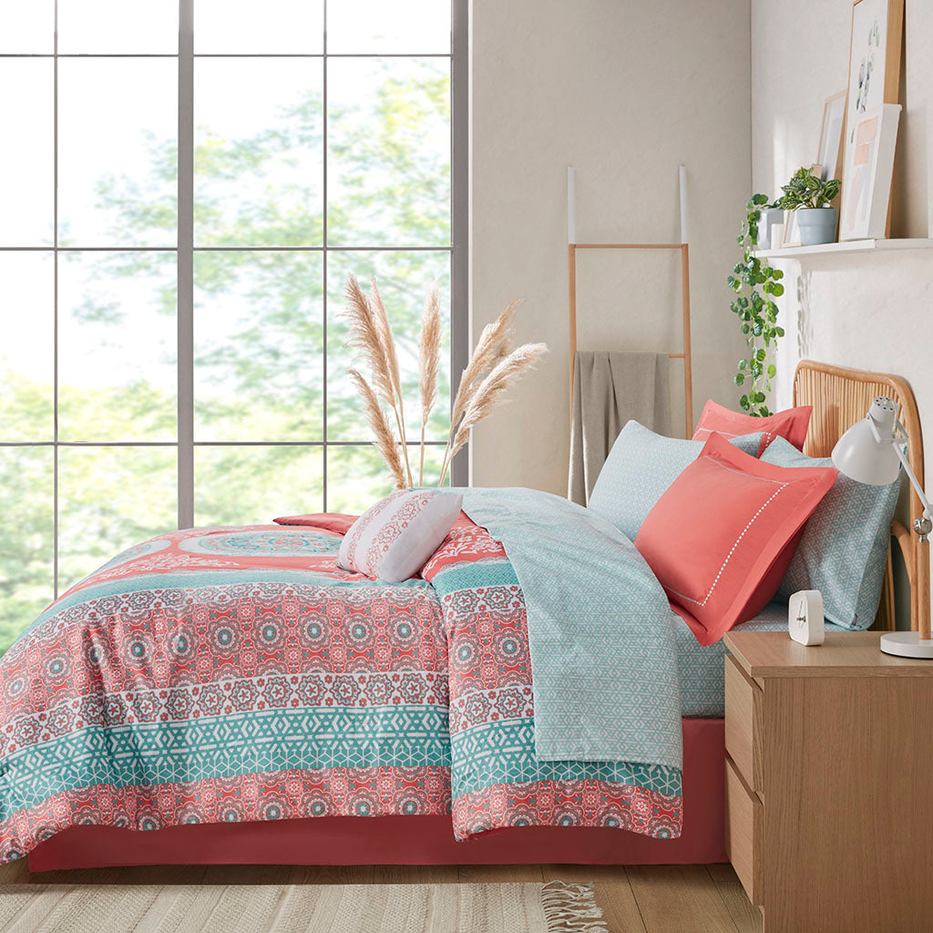 Boho Comforter Set With Bed Sheets Queen Coral Polyester