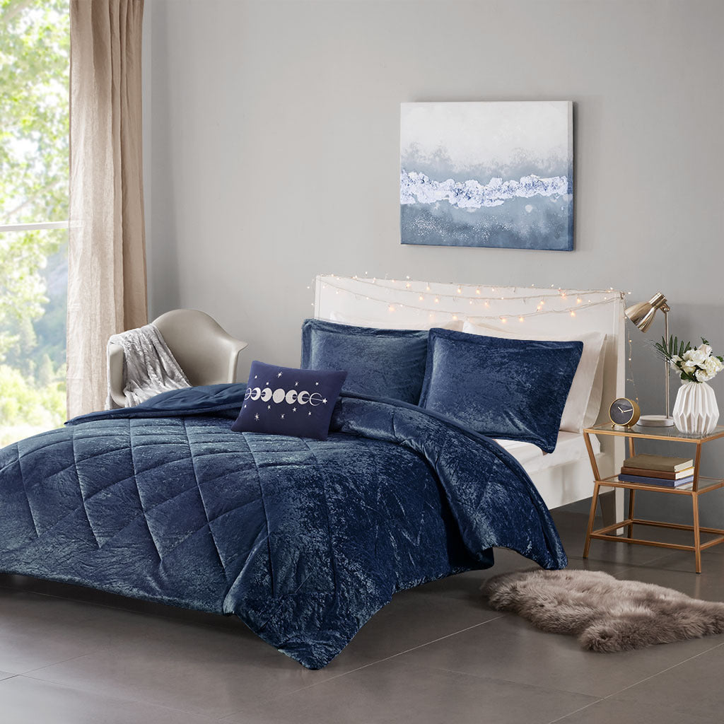 Velvet Comforter Set Twin Xl Navy Polyester