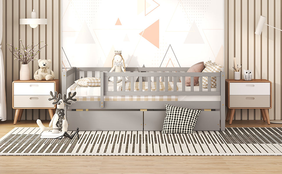 Full Size Daybed Wood Bed With Two Drawers, Gray Full Gray Solid Wood
