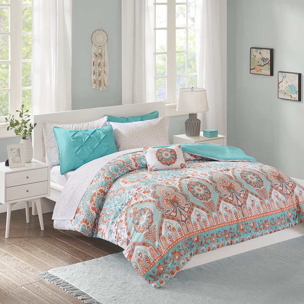 Boho Comforter Set With Bed Sheets Twin Aqua Polyester