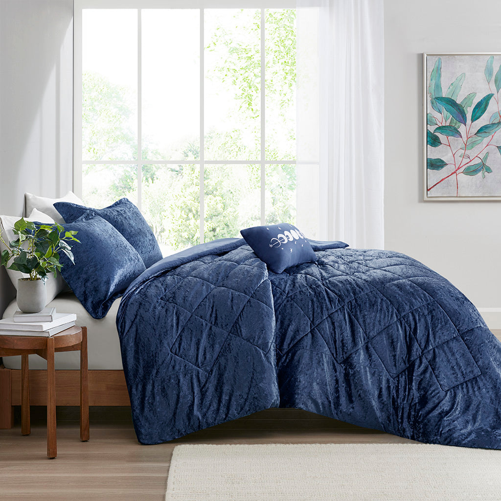 Velvet Comforter Set Twin Xl Navy Polyester