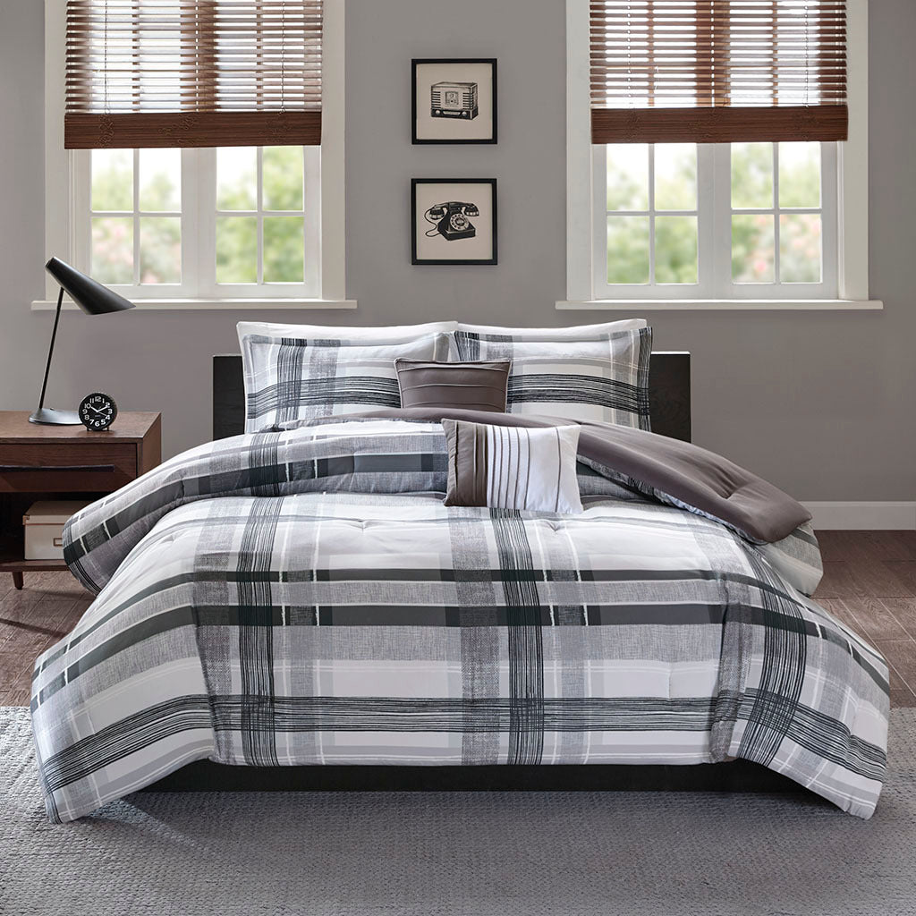 Plaid Comforter Set Twin Black Polyester