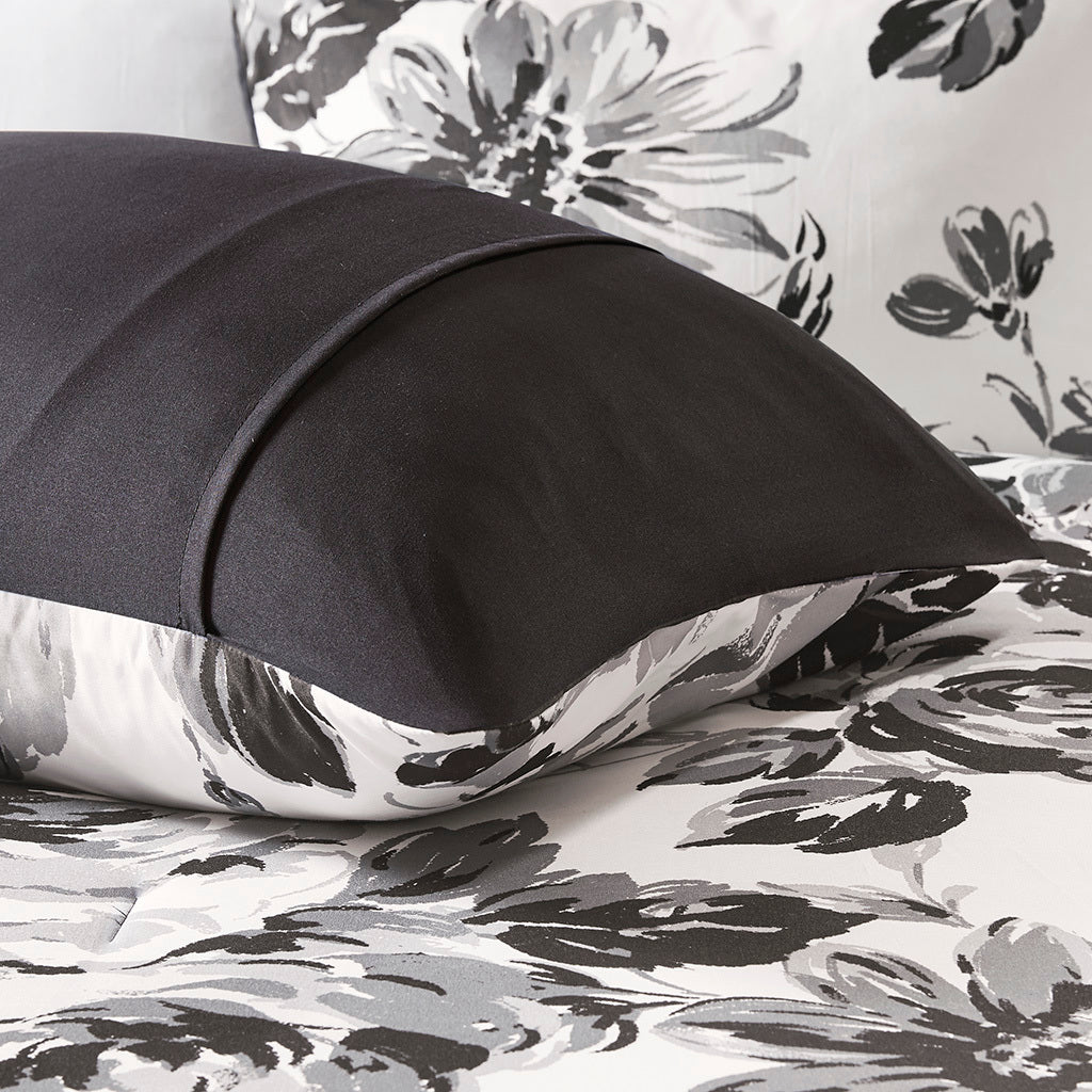 Floral Print Comforter Set King White Black Polyester