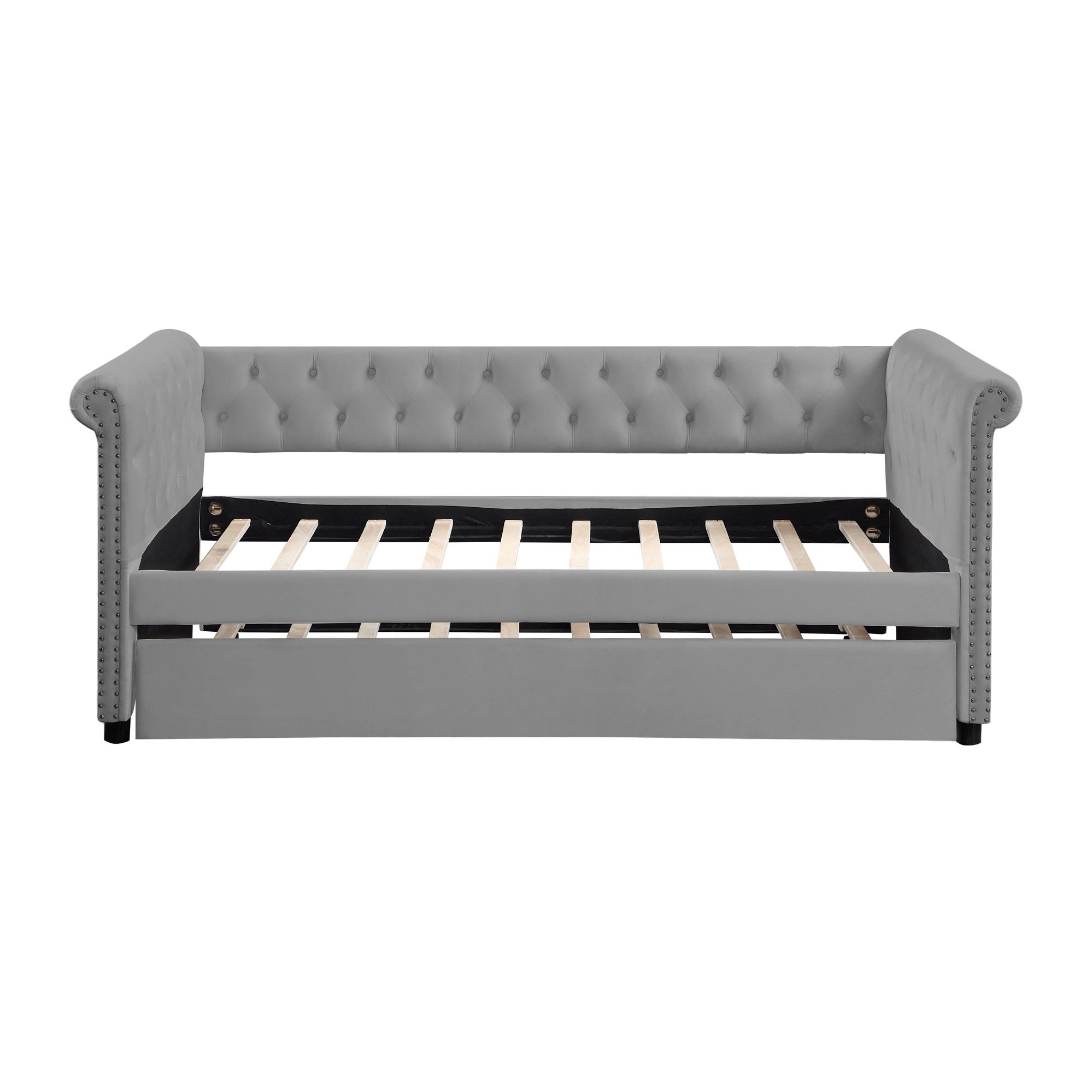 Daybed With Trundle Upholstered Tufted Sofa Bed, With Beautiful Round Armset Design, Twin Size, Grey Beige Solid Wood