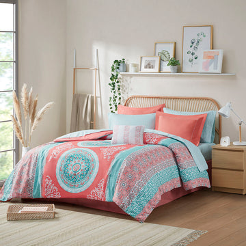 Boho Comforter Set With Bed Sheets Queen Coral Polyester