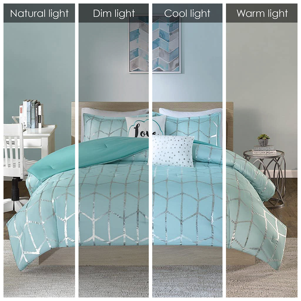 Metallic Printed Comforter Set Twin Aqua Silver Polyester