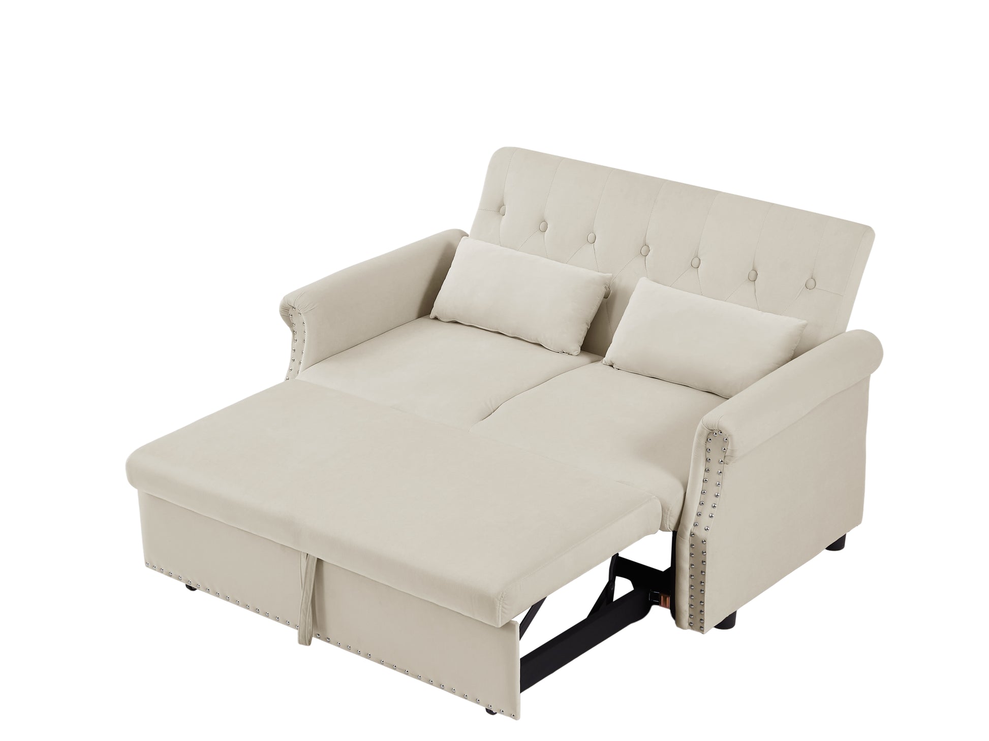 Artemax 55'' Modern Shiny Velvet Convertible Loveseat Sleeper Sofa Couch W 2 Lumbar Pillows, Adjustable Pull Out Bed And Removable Armrest For Nursery, Living Room, Apartment, Home Office Beige Foam Velvet