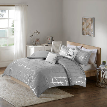 Metallic Printed Comforter Set Full Grey Silver Polyester