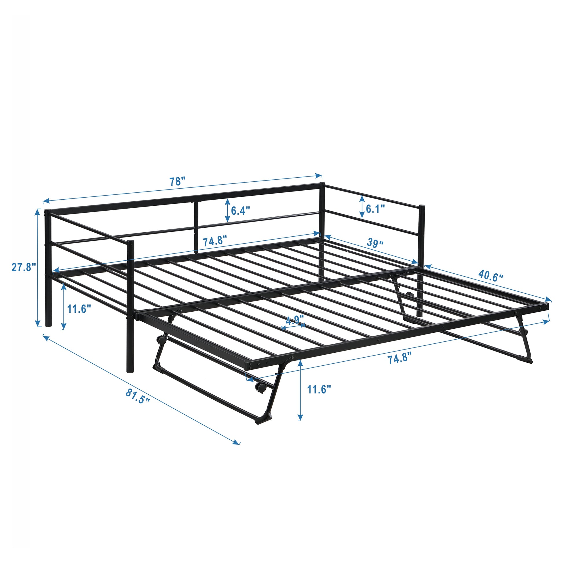 Twin Size Metal Daybed With Adjustable Trundle, Pop Up Trundle, Black Black Metal