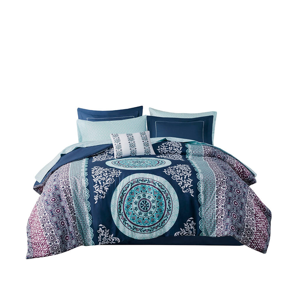 Boho Comforter Set With Bed Sheets Queen Navy Polyester