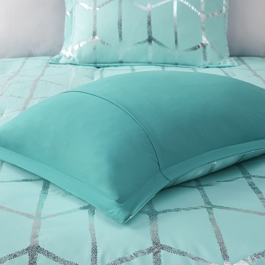 Metallic Printed Comforter Set King Aqua Silver Polyester