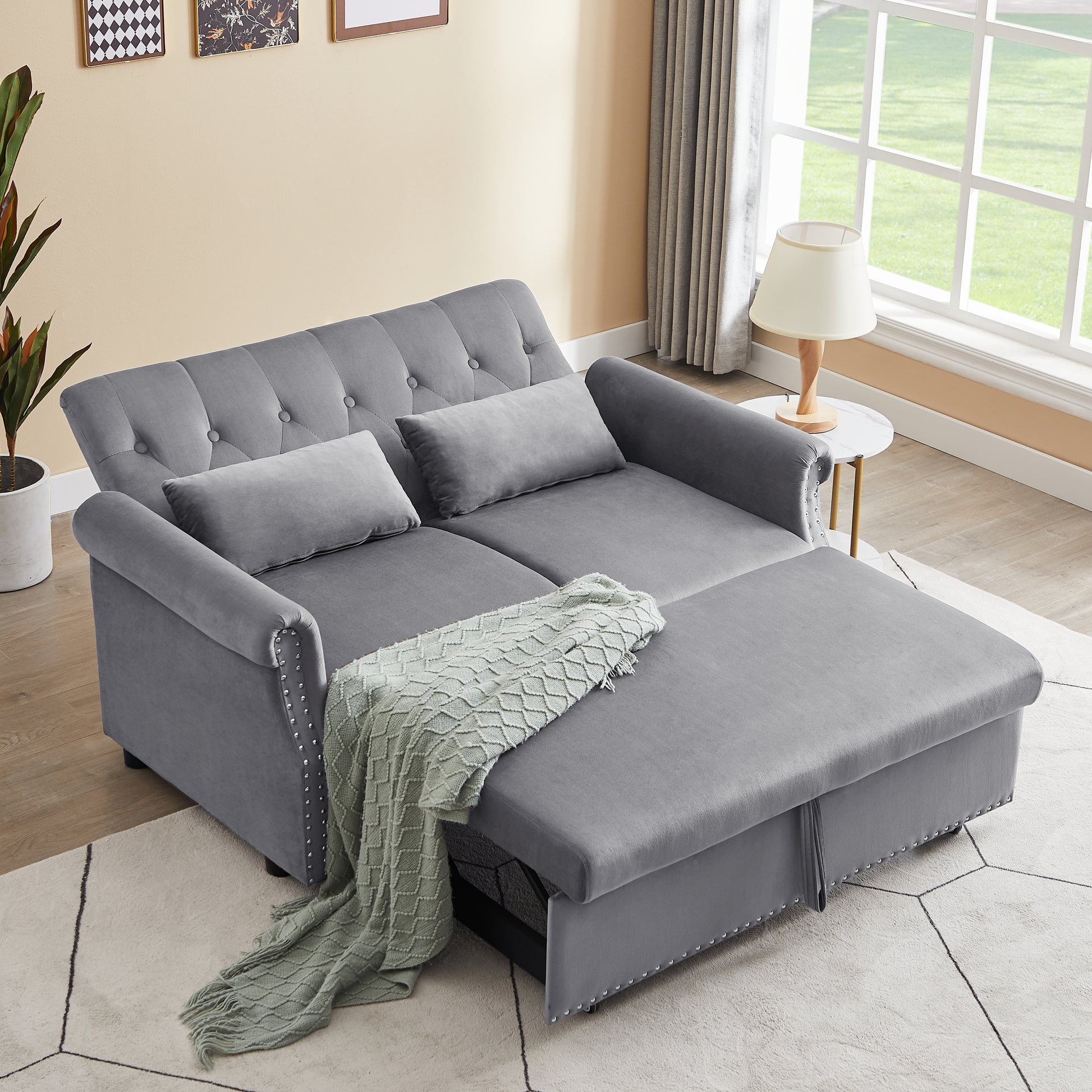 Artemax 55'' Modern Shiny Velvet Convertible Loveseat Sleeper Sofa Couch W 2 Lumbar Pillows, Adjustable Pull Out Bed And Removable Armrest For Nursery, Living Room, Apartment, Home Office Gray Foam Velvet