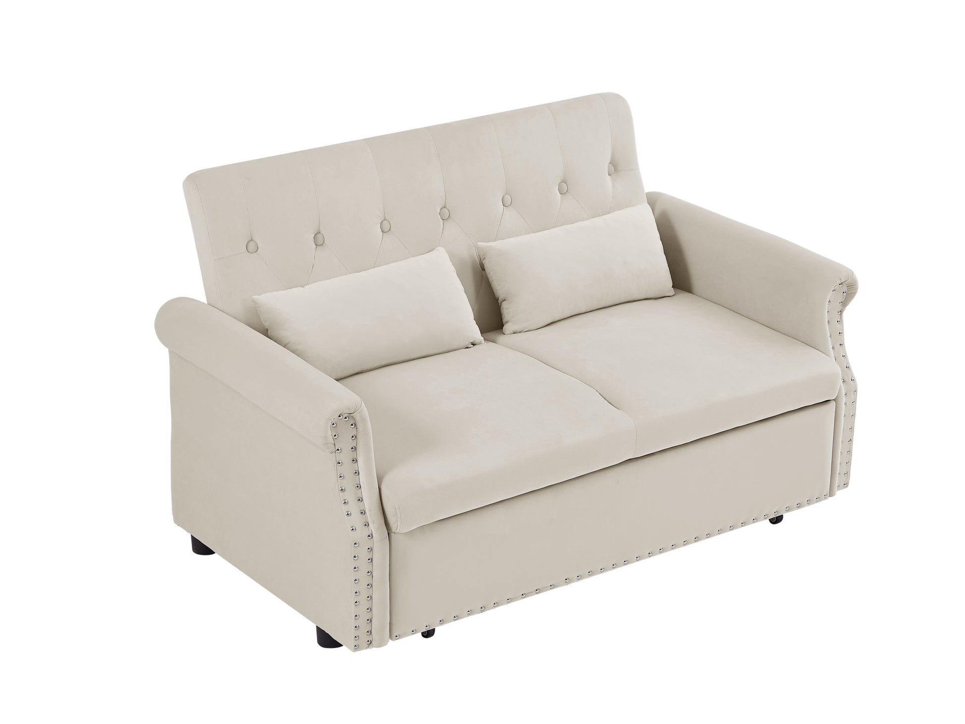 Artemax 55'' Modern Shiny Velvet Convertible Loveseat Sleeper Sofa Couch W 2 Lumbar Pillows, Adjustable Pull Out Bed And Removable Armrest For Nursery, Living Room, Apartment, Home Office Beige Foam Velvet