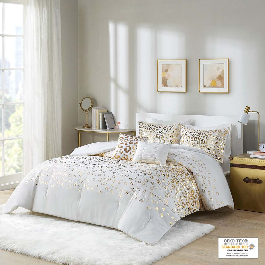 Metallic Animal Printed Comforter Set Ivory Gold Microfiber