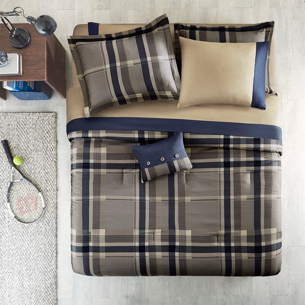 Plaid Comforter Set With Bed Sheets Twin Navy Multi Polyester