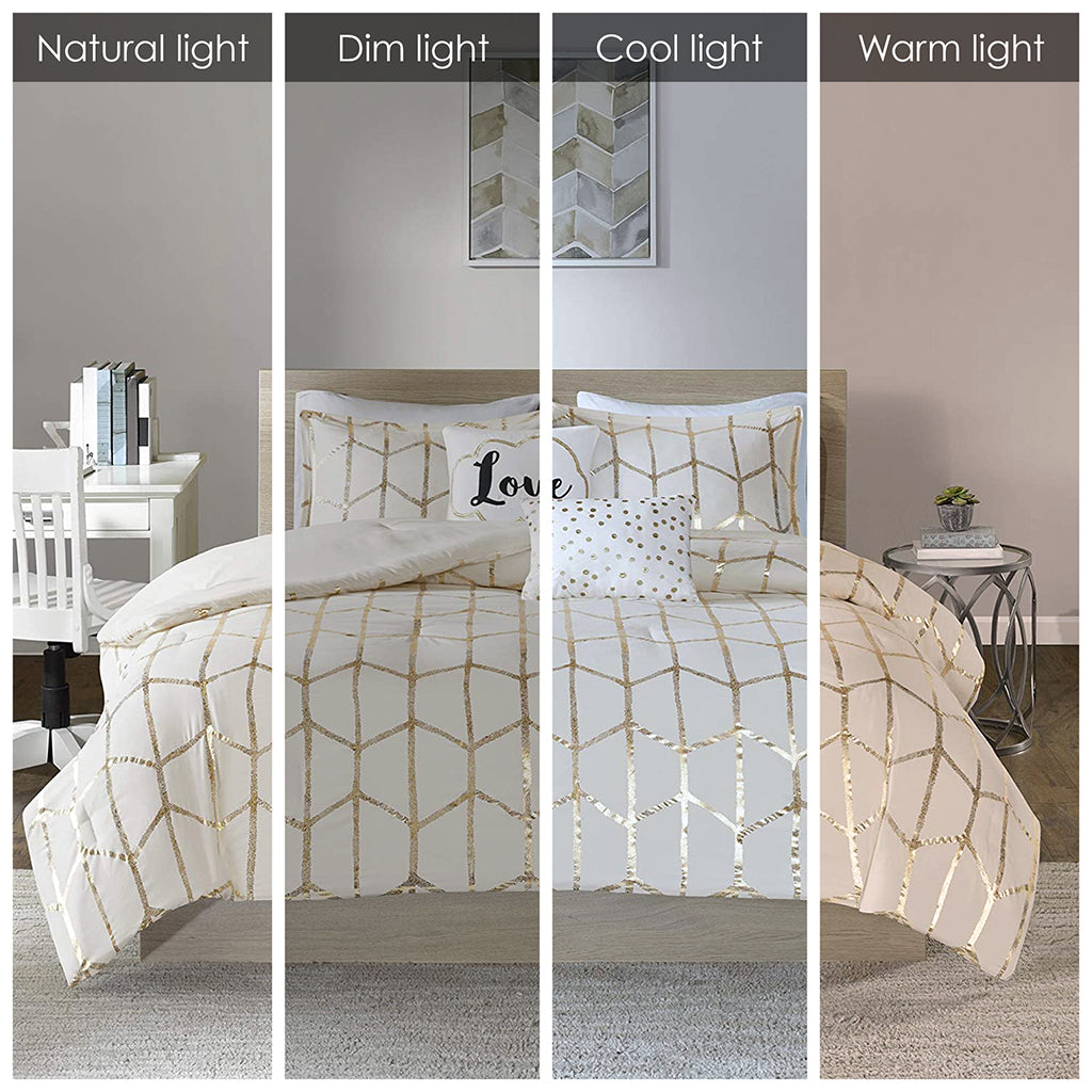 Metallic Printed Comforter Set Twin Ivory Gold Polyester