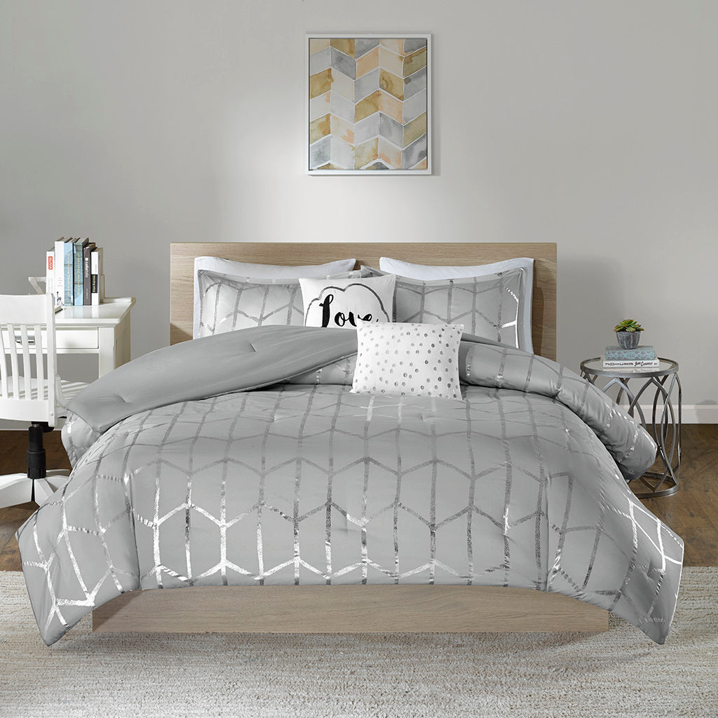 Metallic Printed Comforter Set King Grey Silver Polyester