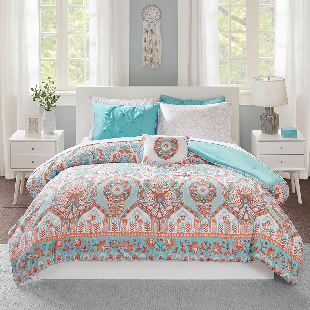 Boho Comforter Set With Bed Sheets Twin Xl Aqua Polyester