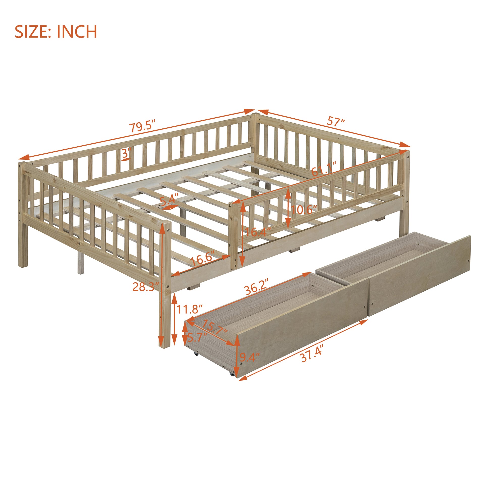 Full Size Daybed Wood Bed With Two Drawers, Natural Full Natural Solid Wood