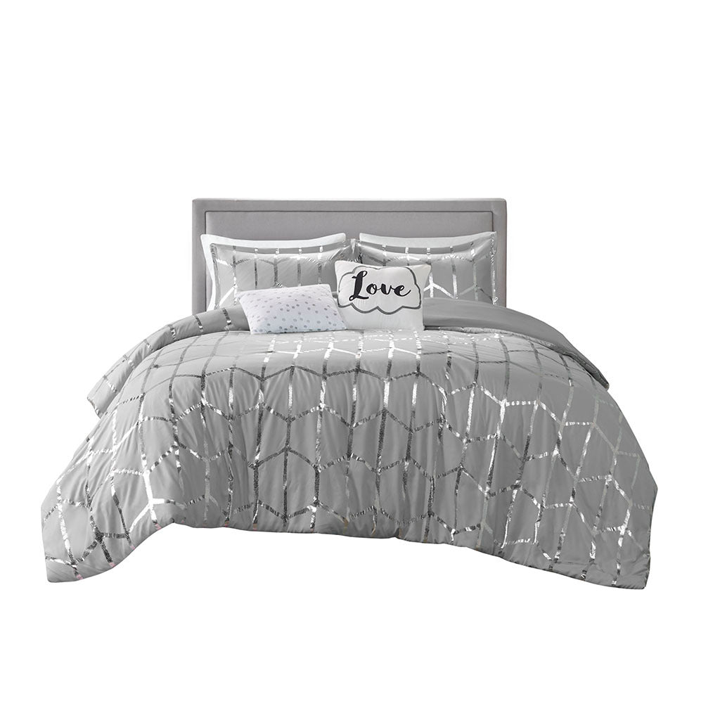 Metallic Printed Comforter Set King Grey Silver Polyester