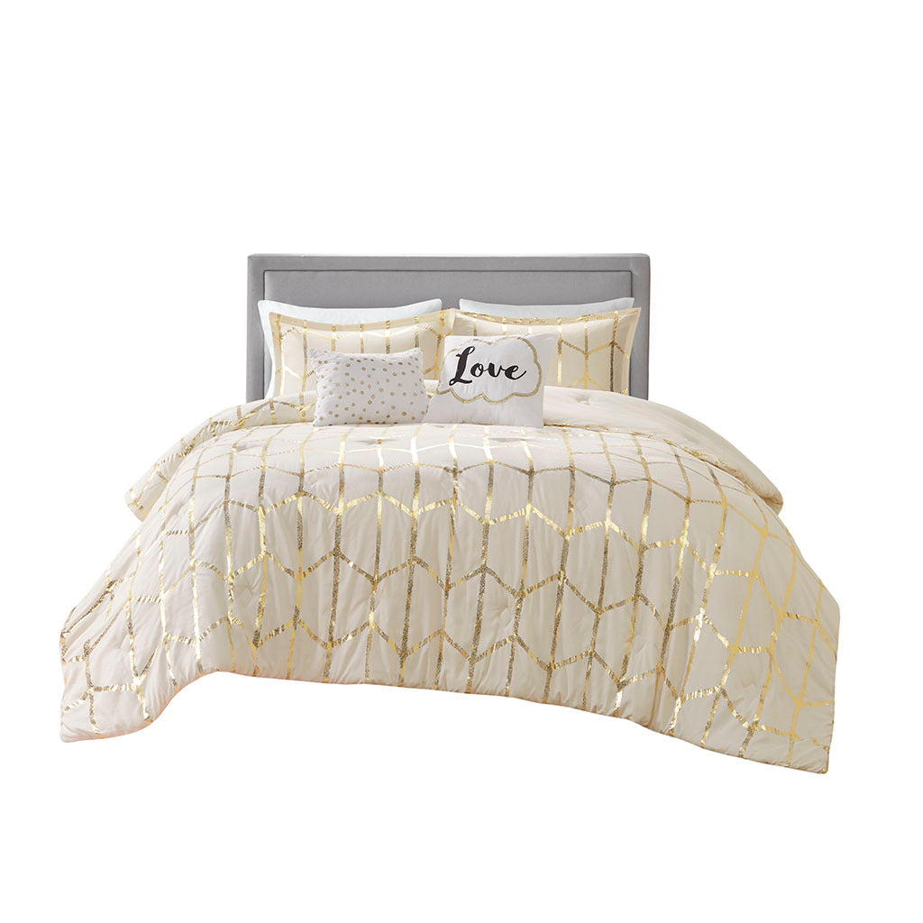 Metallic Printed Comforter Set King Ivory Gold Polyester