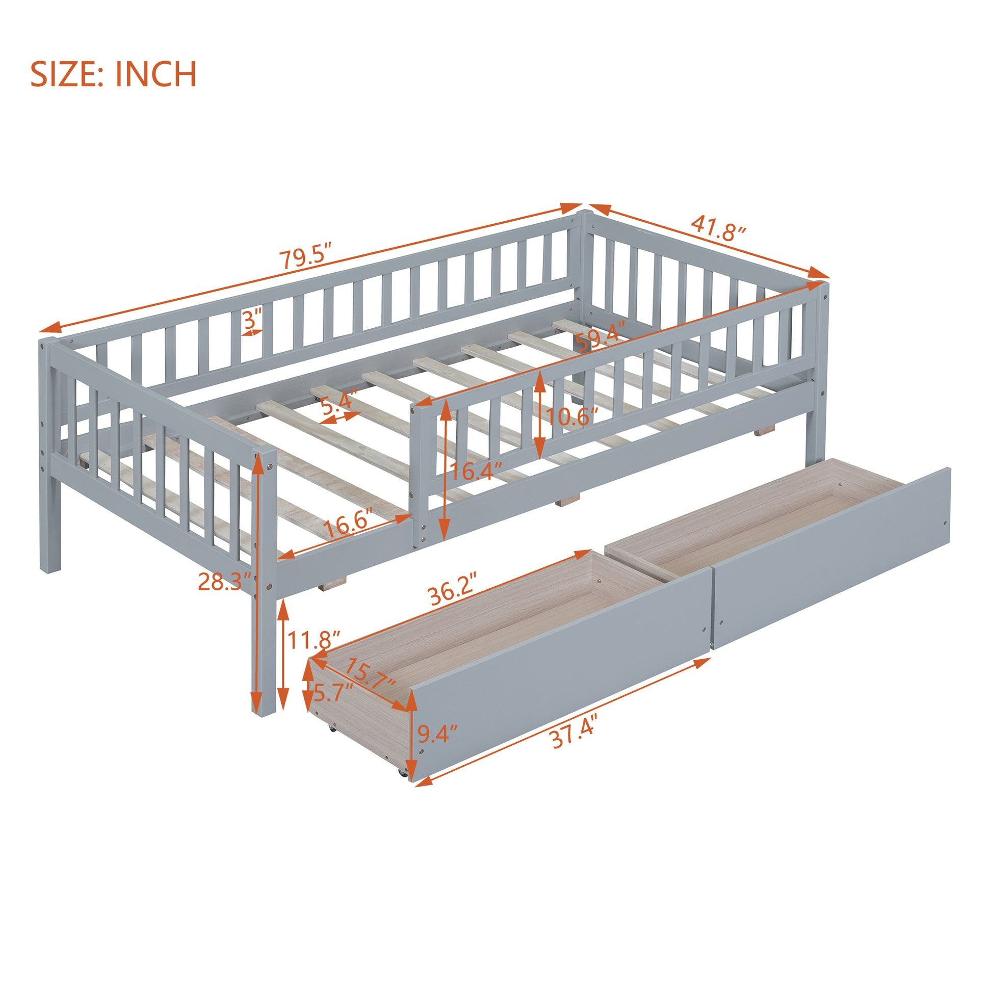 Twin Size Daybed Wood Bed With Two Drawers, Gray Twin Gray Solid Wood