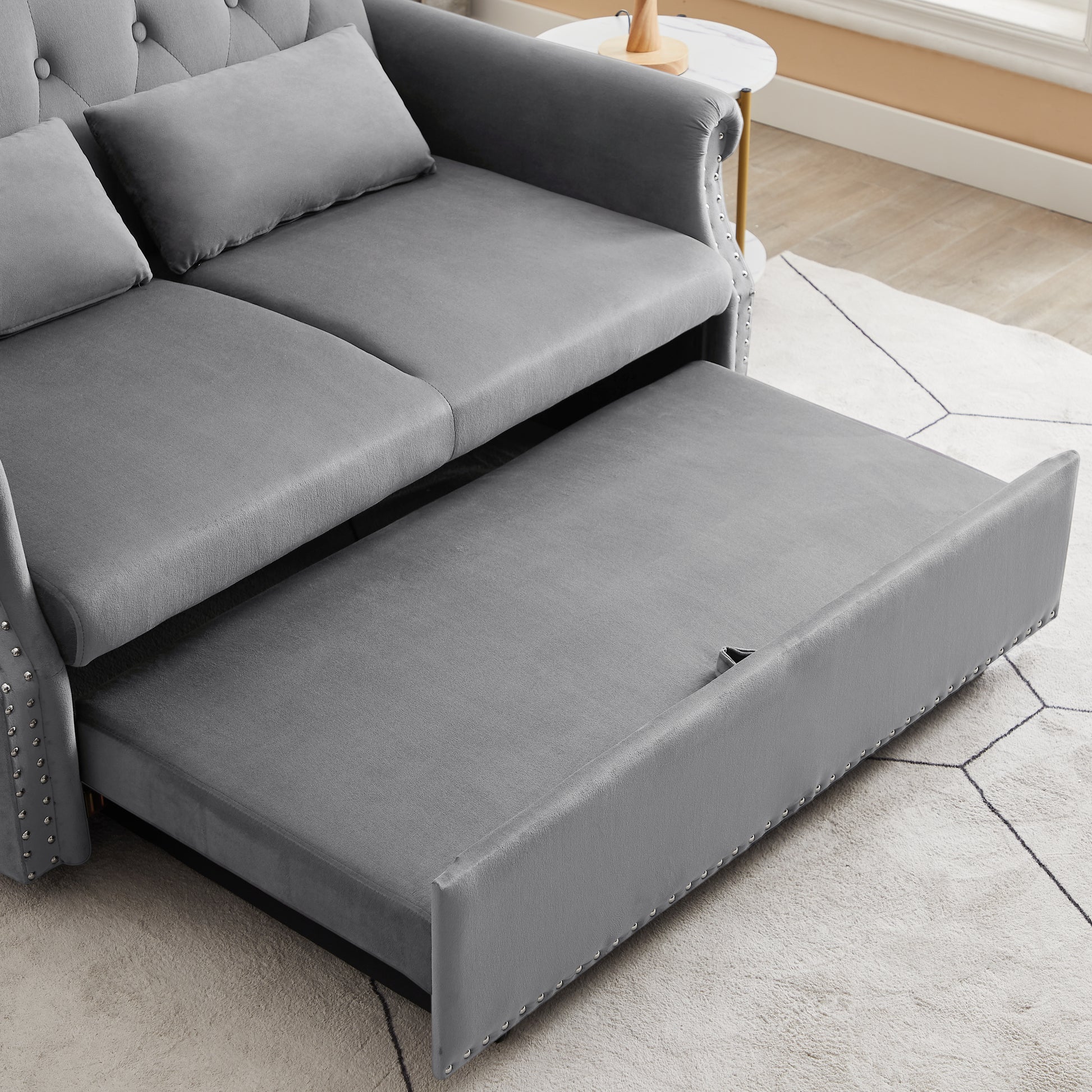 Artemax 55'' Modern Shiny Velvet Convertible Loveseat Sleeper Sofa Couch W 2 Lumbar Pillows, Adjustable Pull Out Bed And Removable Armrest For Nursery, Living Room, Apartment, Home Office Gray Foam Velvet